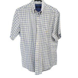 Nautica Mens Medium Short Sleeve Button Down Shirt Blue Wh Yellow Plaid Cotton